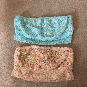 Pair of sequin bandeaus with lace back